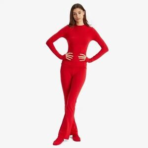 Skims Cotton Jersey Long Sleeve T-Shirt & Foldover Pants Outfit Set Red Size XS